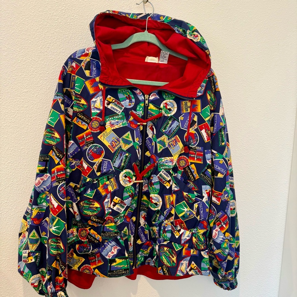 Vtg 90s Line Up for Sport Hooded Peplum Jacket All over Postcard Travel Print L